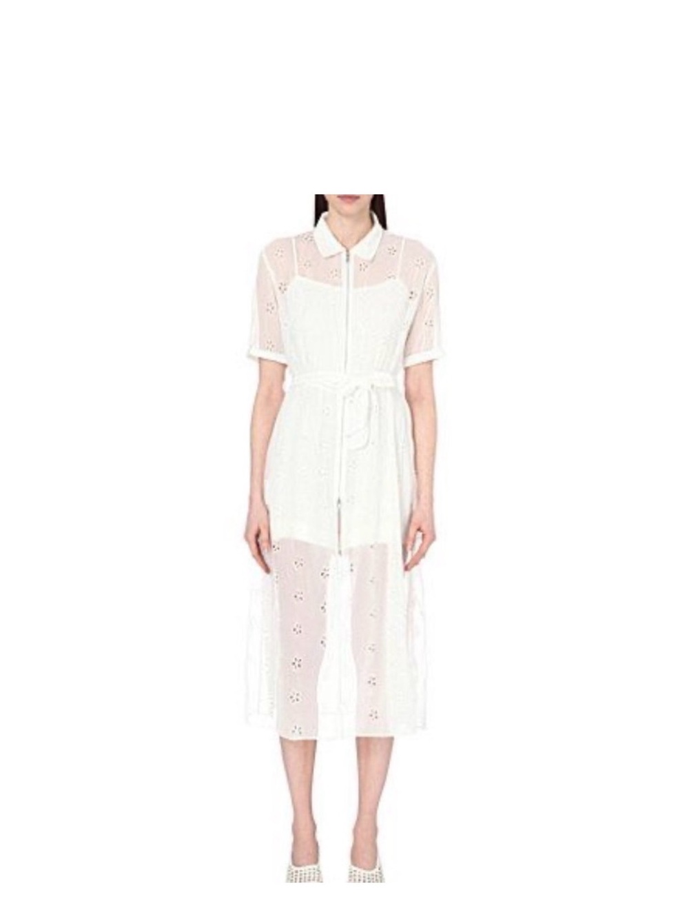 Sandro Ricarda White Eyelet Chiffon Zip Front Sheer Midi Dress Collared Small